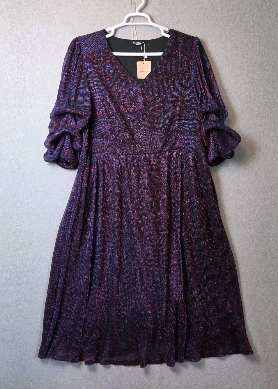 NWT Bloomchic Purple Metallic Ruched Sleeve Empire Waist Midi Dress Plus 18 20